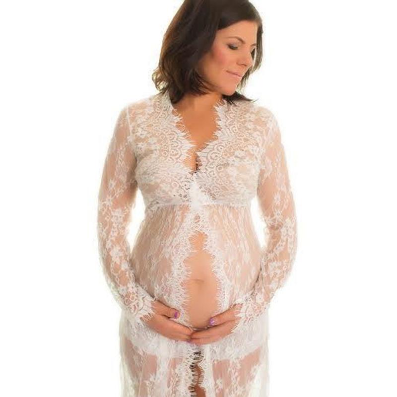 

Pregnant Women Dress Lace Fashion Long Sleeve Evening Dress Solid color Long Maternidad Maternity Clothes 2020, Black