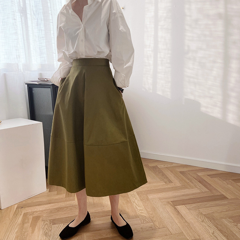 

2020 Women A-Line Cotton Skirt Vintage High Waist Long Skirt Women Summer Skirts With Pocket Saia Faldas Jupe Femme, Beige