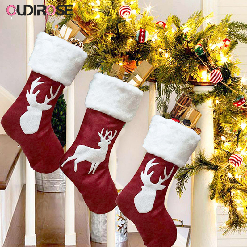 

Red Christmas Deer Embroidered Socks Gift Bag Christmas Tree Hanging Decoration Pendants Gifts Xmas Decor Candy Storage Bags