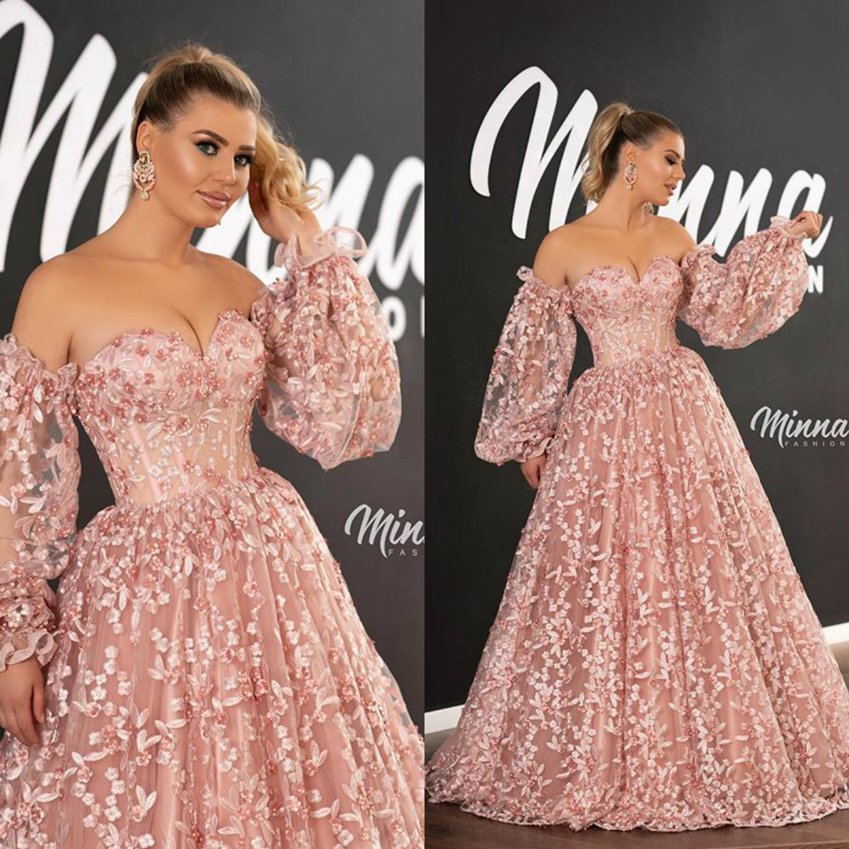 

Hand Made Flowers A Line Prom Dresses Off Shoulder Poet Long Sleeve Appliques Tulle Party Gowns Sweep Train Special Occasion Dresses, Green