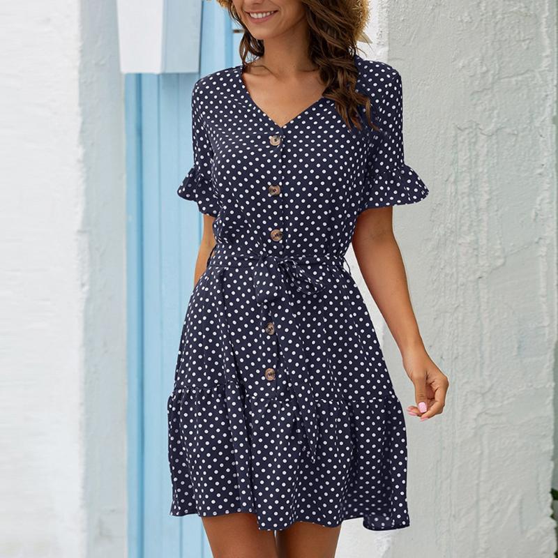 

Women Summer dress Wrap Boho Polka Dot V Neck Short Sleeve Summer Sundress Split Flowy Dress Beach Bohemian vestidos de verano