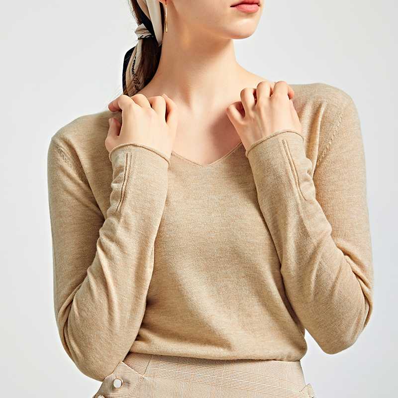 

Wool Sweater V-Neck Women Long Sleeve Tee Lightweight shirt Autumn Spring Loose Female Clothes pure color, Coral red