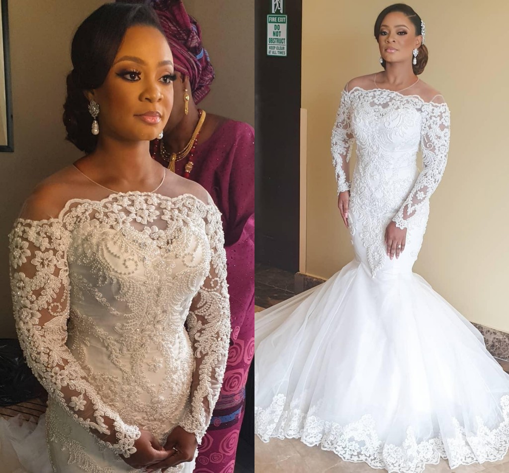 

2020 Long Sleeves Pearls Arabic Aso Ebi Mermaid Wedding Dresses Jewel Neck Illusion Lace Beading Court Train Formal Plus Size Bridal Gowns, White