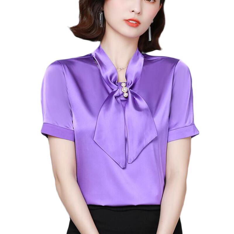 

Summer Silk Blouse Women Shirts Short Sleeve Fashion Bow Tie Women Blouses Korean Office Chiffon Blouse Tops Blusas Mujer, Photo color