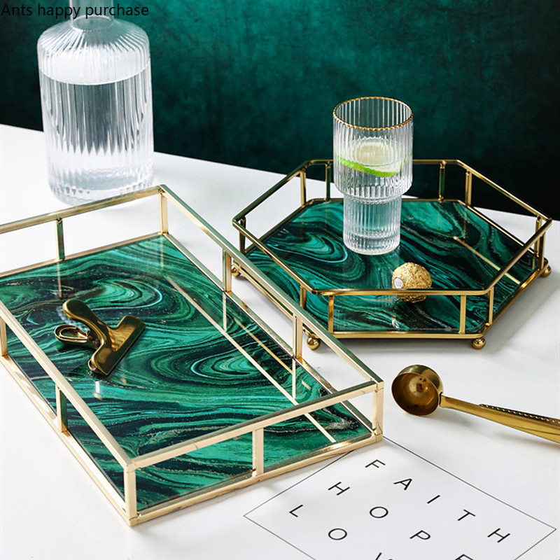 

European Glass Rectangular Tray Green Sundries Plate Living Room Desktop Decorative Plate Gold-plated Wrought Iron Storage Tray