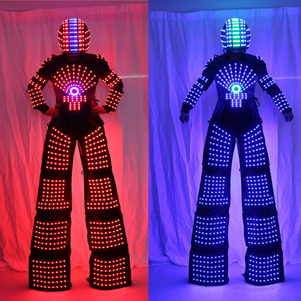 RGB Flashing LED Costume /LED Stilts Walker /Light suits/ LED Robot suits/ Kryoman robot/ david guetta robot with Helmet-image-398337046