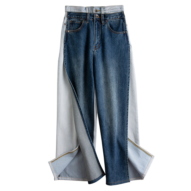 

WOMENGAGA 2020 New Straight Tube Loose Stitching Split Two Fake High Waist Denim Wide Leg Pants Pacthwork Girl Female A923, Blue