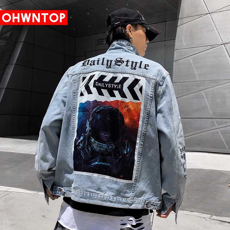 

Mens Original Space Character print Denim Jacket 2020 Hip Hop Casual Patchwork Ripped Distressed Punk Rock Jeans Coats Outwear, Light blue