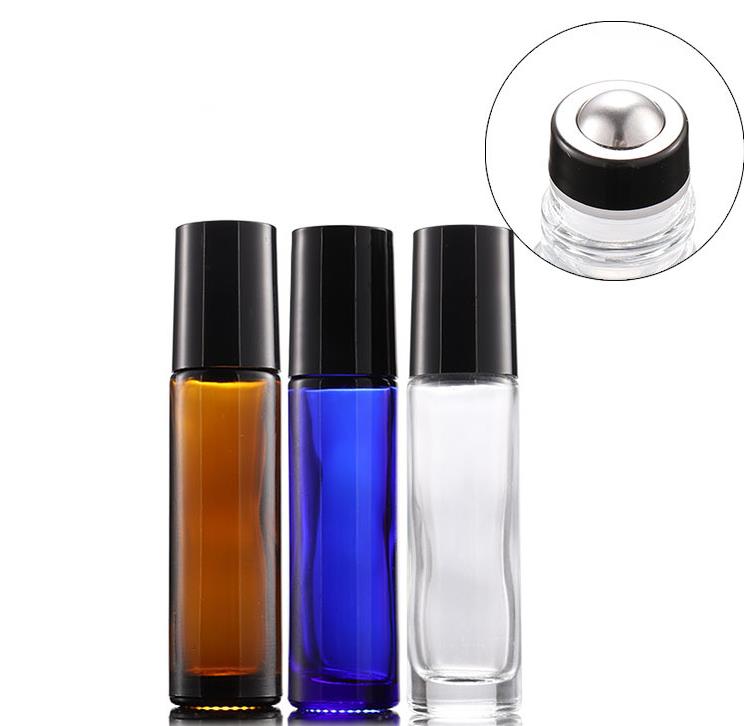 

Wholesale Thick 10ml Glass Roll on Bottles Amber Blue Clear Empty roller ball perfume bottles With Black Lids Free Shipping 1000pcs SN264