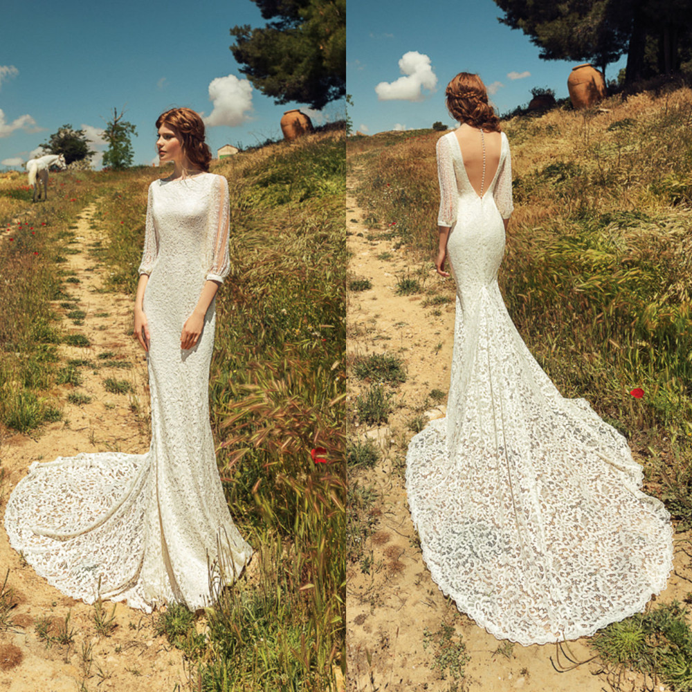 

2020 Mermaid Wedding Dresses Jewel Long Sleeves Applique Lace Wedding Dress Button Back Sweep Train Bridal Gowns robe de mariée, Pink
