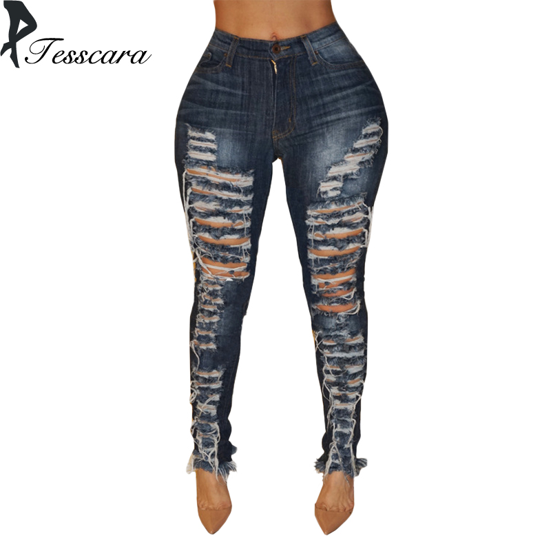 

Women Skinny Slim Pencil Causal Jeans Female Mid Waist Big Hole Ripped Bas Pants Lady Plus Size Bottom Elasticity Denim Clothing, Navy