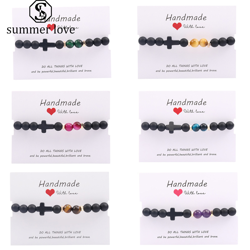 

High Quality Natural Stone Matte Black Agate Beaded Strands Bracelet for Men Handmade Elastic Adjustable Cross Charm Bangle Fashion Jewelry Gift