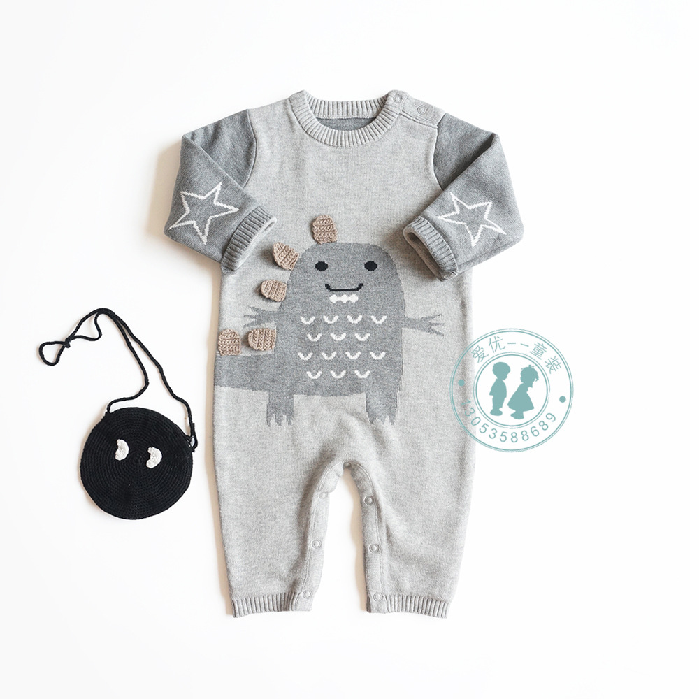 

Spring baby Boy clothes Romper Long Sleeve Dinosaur Knitted Romper Warm Thick Baby Clothing Romper 100% cotton, As picture
