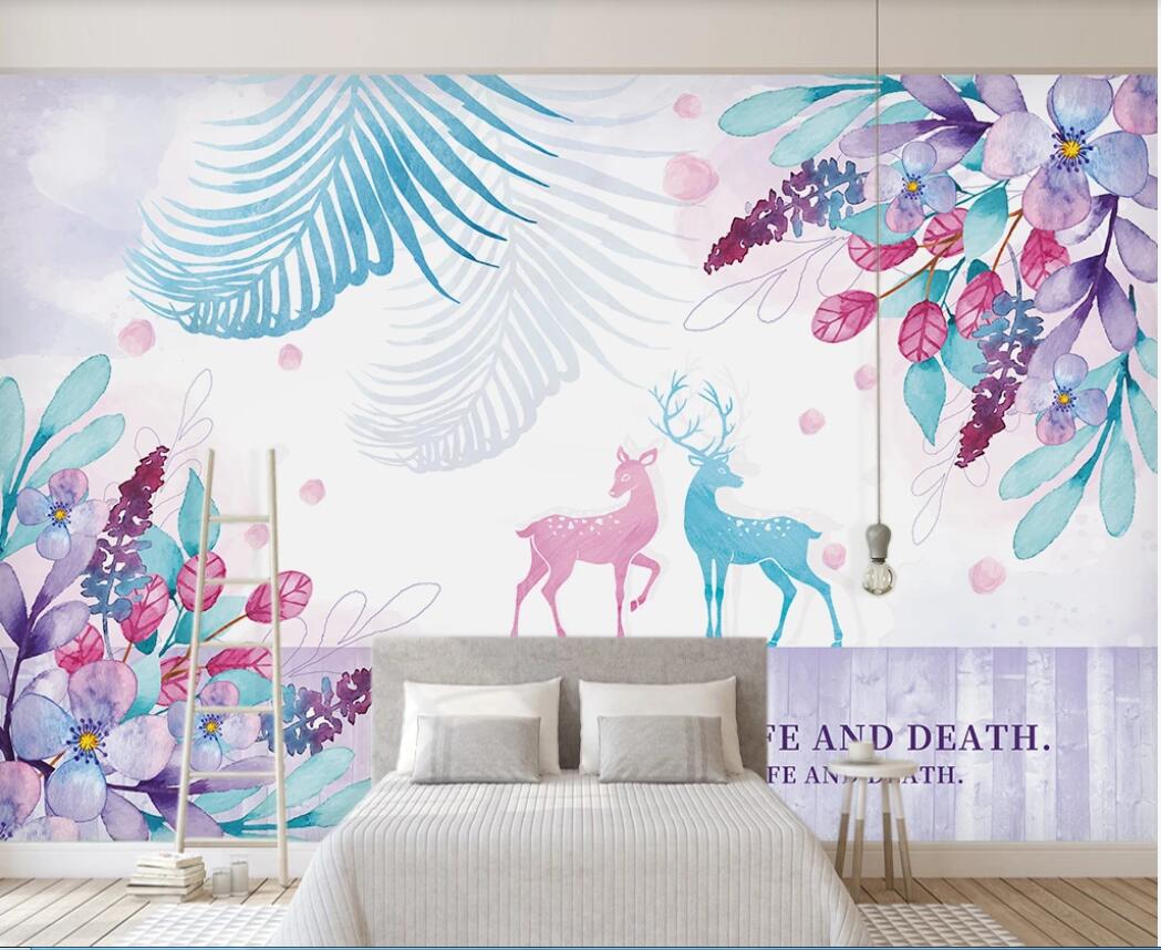 

3d wallpaper custom photo murals Simple purple small fresh tropical planter banana leaf board elk background wall decor wall art pictures, Non-woven fabric