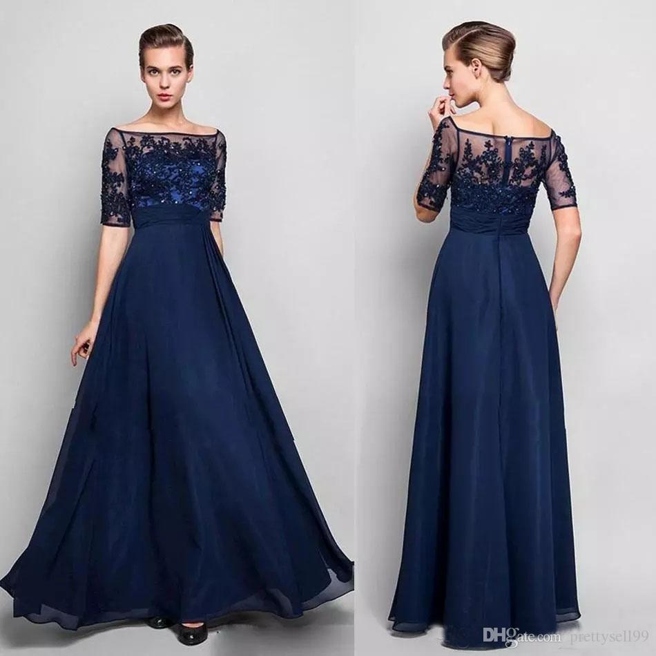 

Lace Mother of the Bride Groom Dresses 2020 with Half Sleeves Off Shoulder Chiffon Beaded Floor Length Formal Evenin Gowns