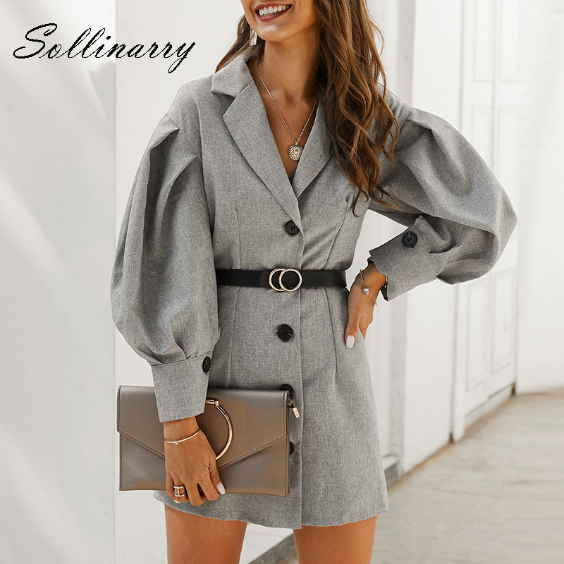 

Sollinarry new spring office elegant pocket blazer dresses women button vintage short dresses long sleeve slim dress vestidos, Gray