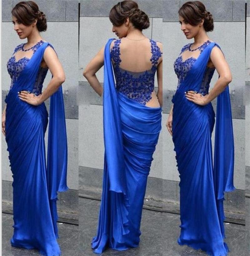 

Arabic Indian Evening Dresses 2020 Sexy Royal Blue Sheath Applique Sheer Party Formal Prom Gowns robes de soirée, Silver