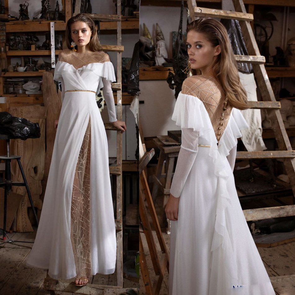 

2020 Long Sleeve Wedding Dresses A Line Jewel Neck Beaded Floor Length Chiffon Bohemia Wedding Dress Custom Made Robes De Mariée, Dark green