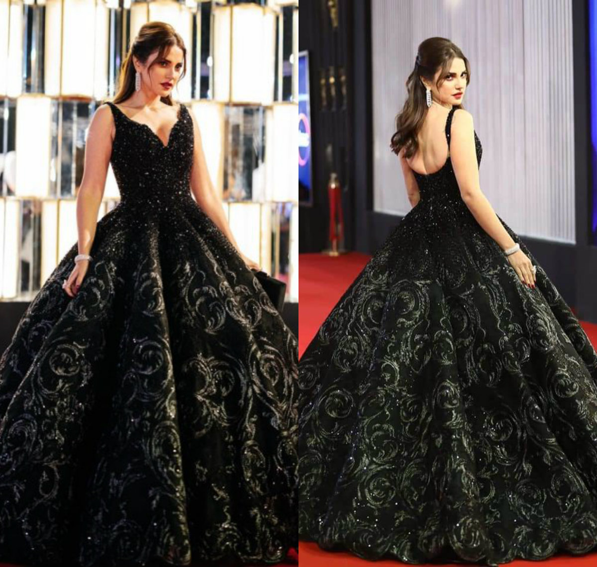 

2020 Arabic Black Evening Dresses Beaded 3D Floral Flowers V Neck Prom Dress A Line Floor Length Plus Size Special Formal Party Gowns, Water melon