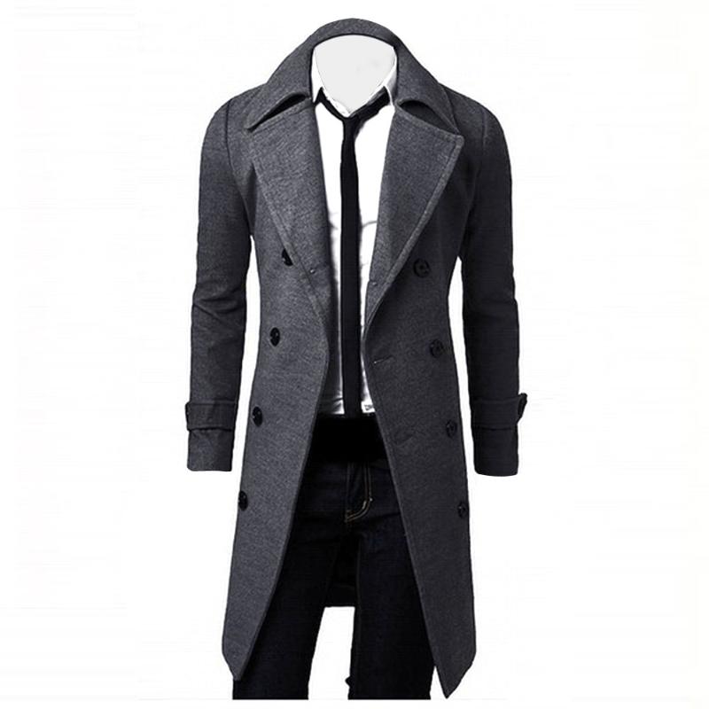 

Coat Men Blends Slim Erkek Mont Stylish Trench Coat Double Breasted Long Jacket Parka Wool abrigo kaban hombre mantel herren, Black