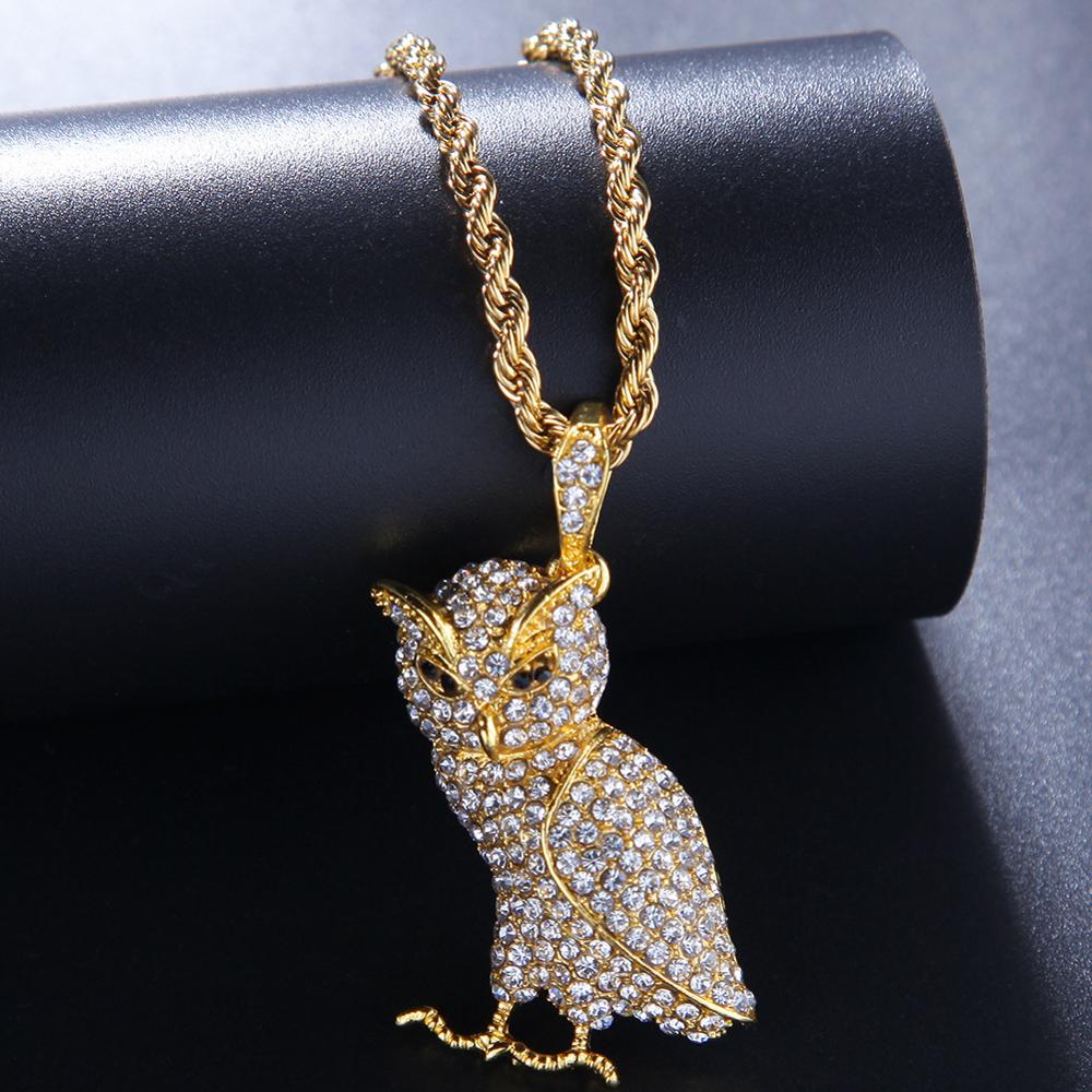 

Iced Out Animal Owl Pendant Full Rhinestones Bling Necklace Gold Silver Color Hip Hop Rapper Jewelry for Women Mens Necklaces