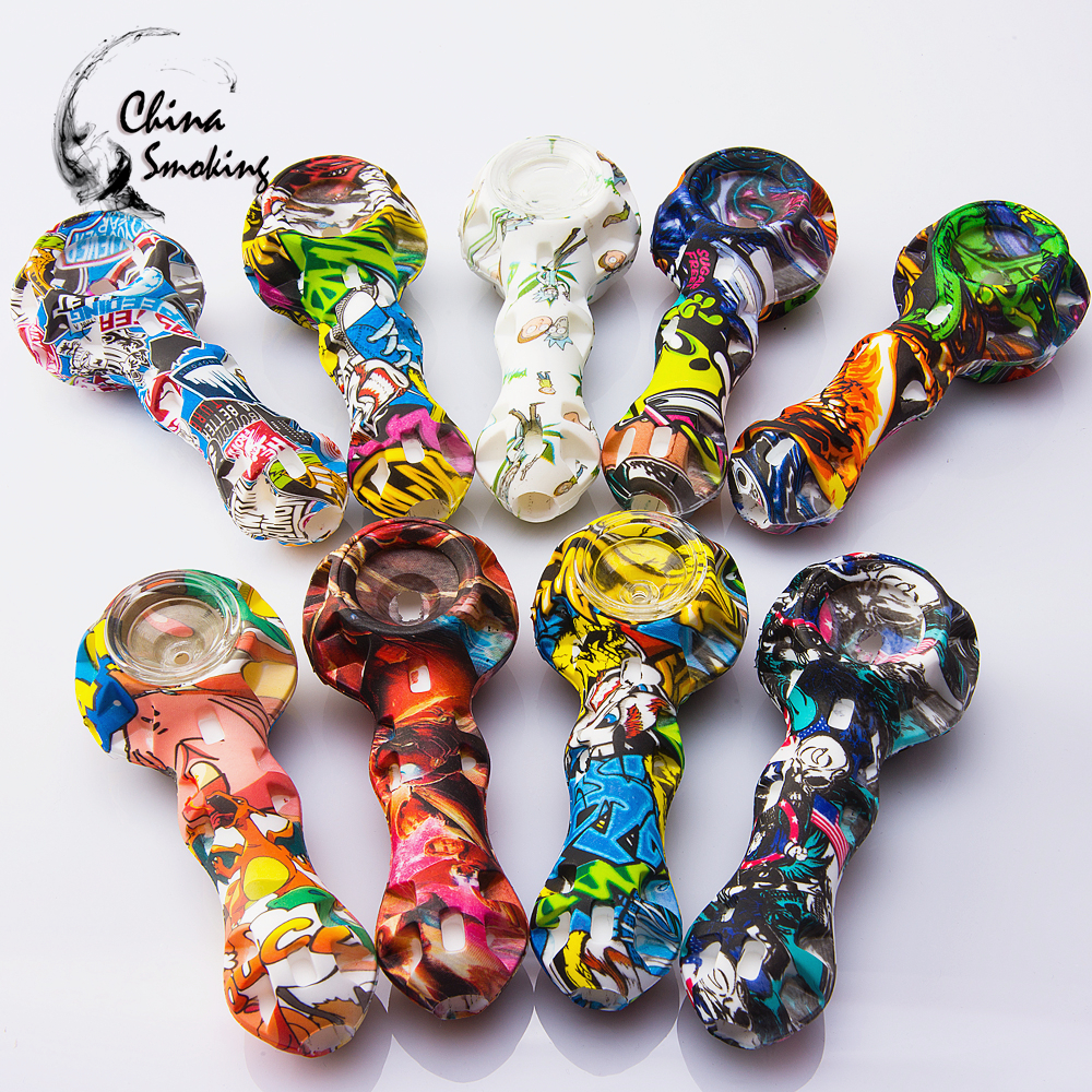 

DHL Silicone Hand Pipe with glass bowl water transfer printing pipe random color Silicone dab rig Hookah Bongs glass bowl dab tool