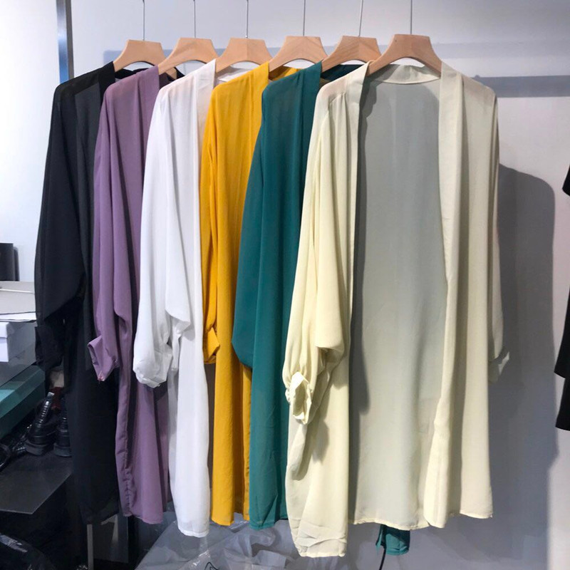 

New 2019 Summer Kimono Cardigan Chifffon Casual Loose Thin Beach Kimono Cardigan Solid Long Sleeve V Neck Long Blouse Cover Up, Black