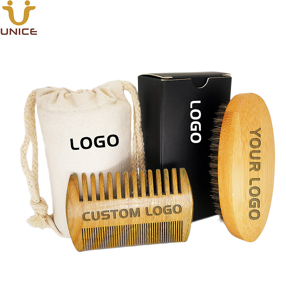 

MOQ 100 sets Custom LOGO Beard Kit Grooming Brush and Dual Action Green Sandalwood Comb Set With Printed Gift Box & Bag For Gentelmen