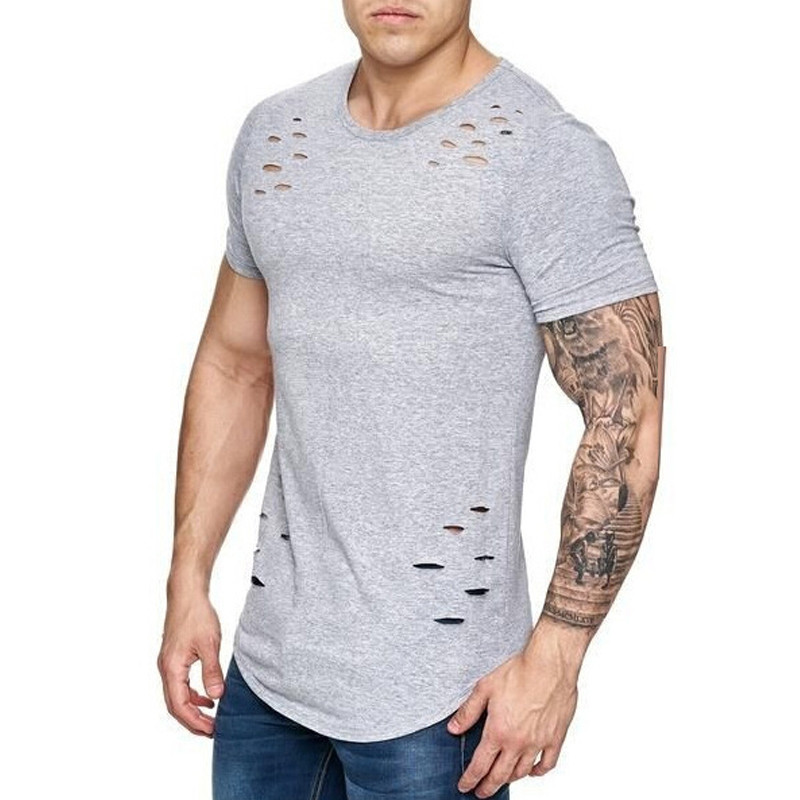 

Mens New Spring Short Sleeve T-Shirts Fashion Hole Fitness Tees Summer Short Sleeve Solid Slim Fit Hip Hop Tops, Red