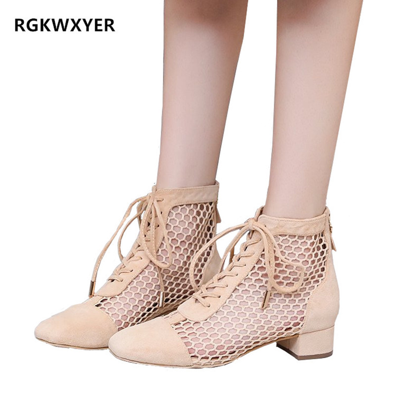 

Women Sandals 2020 Flat Casual Roman Hollowed Square Head Low-heeled Shoes High-top Lace-up Boots Sandals Female zapatos de muje, Black