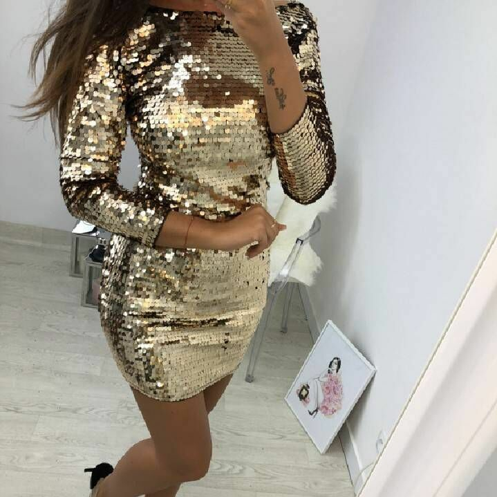 

Ladies Formal Evening Party Sexy Sequin Club Short Dresses Sexy Dresses Autumn Women Golden Sequins Bodycon Dress, As pic