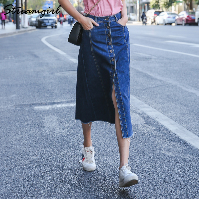 

Streamgirl Denim Skirt Women Front Button Skirts Womens A Line Button Skirt Long Tassel Jeans Long Skirts For Women Summer 2020, Blue