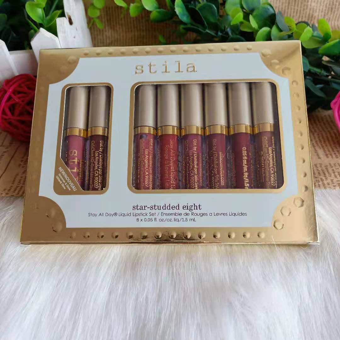 

Brand Stila Star Studded 8pcs Liquid Lipstick Lip gloss Set Stay All Days Long Lasting Creamy Shimmer Liquid Makeup Lip Gloss lipstick., Mixed color