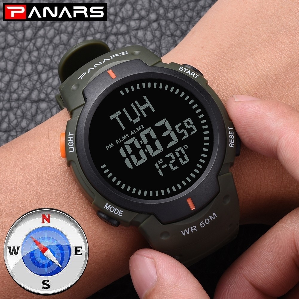 

PANARS Compass Watch Sport Outdoor Men Watch Digital Electronic Wrist Watches Male Stopwatch Chronograph Shockproof Waterproof LY191213, Black