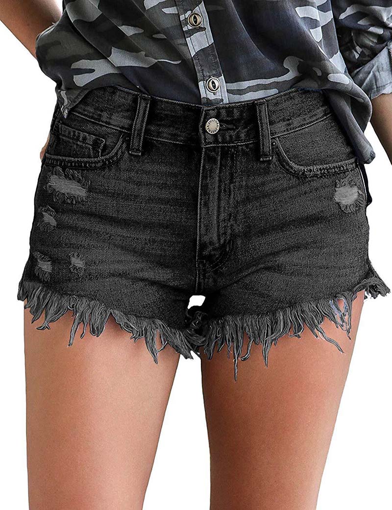 

2019 Women Short Jean Sexy Medium Waist Denim Short Pants Tassel Skinny Slim Pants Free Shipping, 666-black
