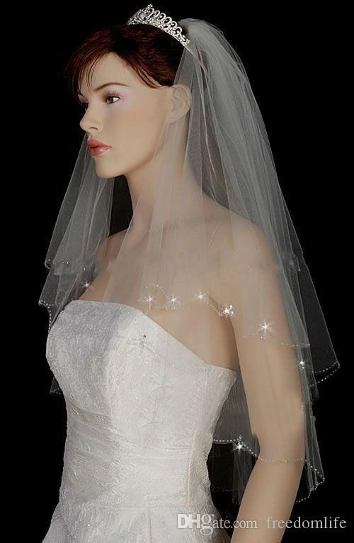 

Hot Sale Wedding Veils with Crystal for Bride Soft Tulle Bridal Veil with Crystals Short Layered Bridal Vail Cheap, Ivory
