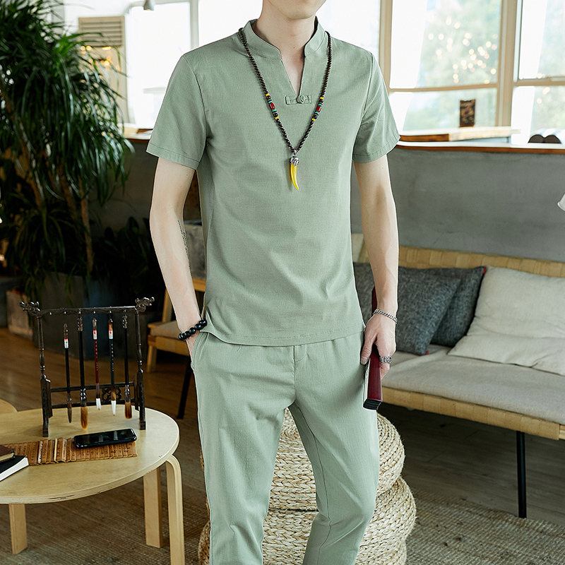 

High quality thin summer linen set cotton men T-shirt slim short-sleeved solid color casual large size pants -5XL, Black