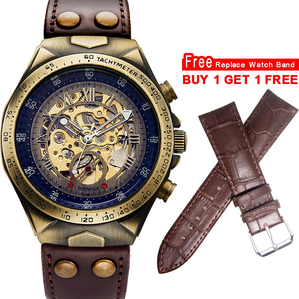 

Steampunk Bronze Automatic Watch Men Mechanical Watches Vintage Retro Leather Transparent Skeleton Watch Man Clock montre homme LY191226, Sh188brown