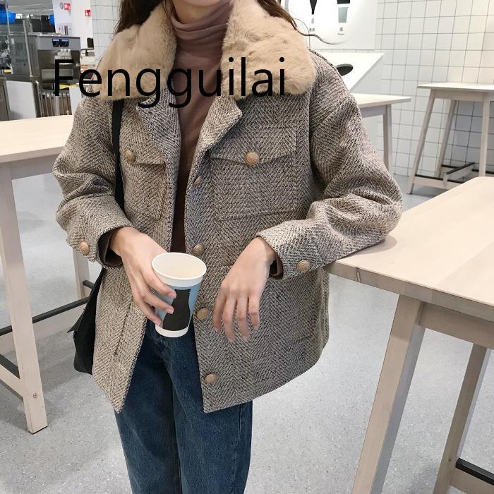 

Women New Winter Clothing Thicken Woolen Jacket Houndstooth Coat Female Korean Version Of The Short Loose Plaid Woolen Coat, Black