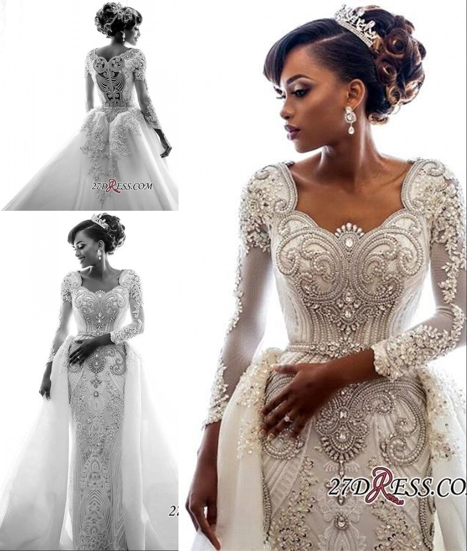 

2018 White/Ivory Mermaid Lace Wedding Dresses Illusion Luxury Crystal Sweep Train Beaded Mermaid Beach Bridal Gown BC0543, Gold