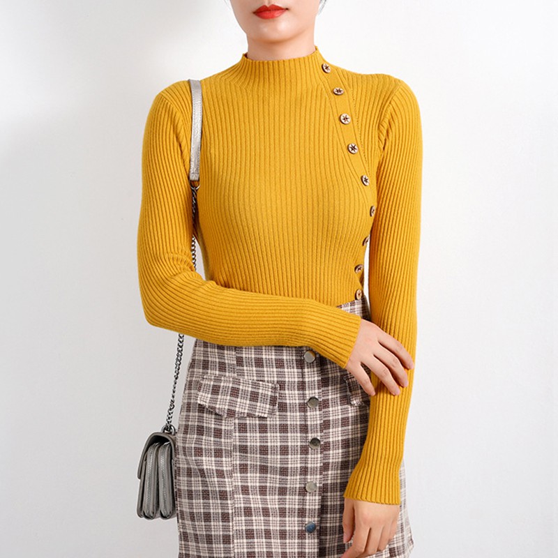 

Autumn Women Casual Sweater Pullovers Half High Collar Solid Color Slim Long Sleeve Button Chic Sweaters Knit Soft Jumper Top