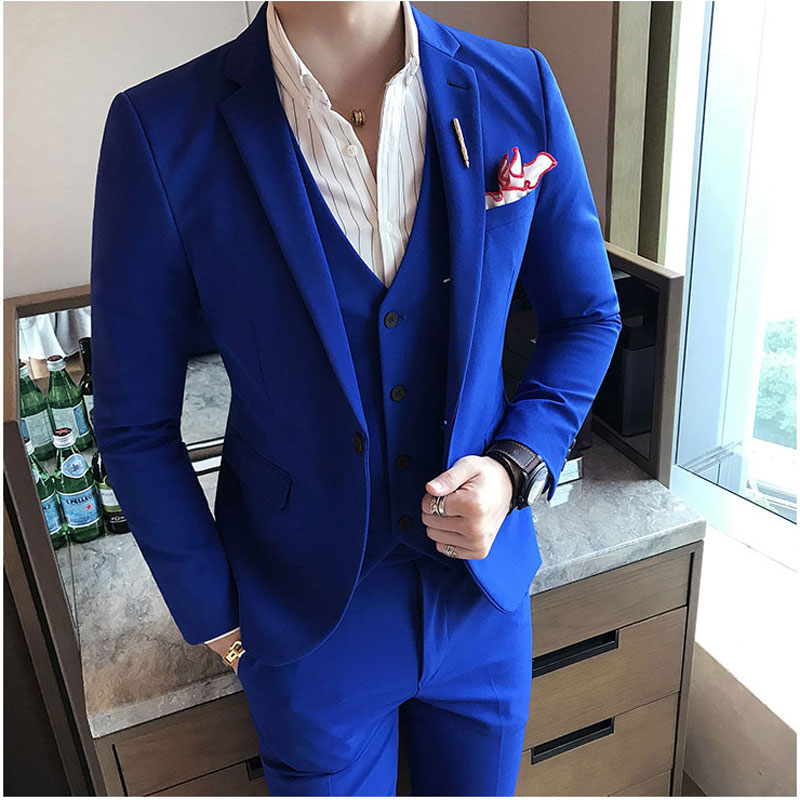 

Summer Royal Blue Slim Men Suits for Wedding Groom Tuxedo Casual Man Blazer Prom Party 3Piece(Coat Pants Vest)Costume Homme Terno Masculino, Same as image