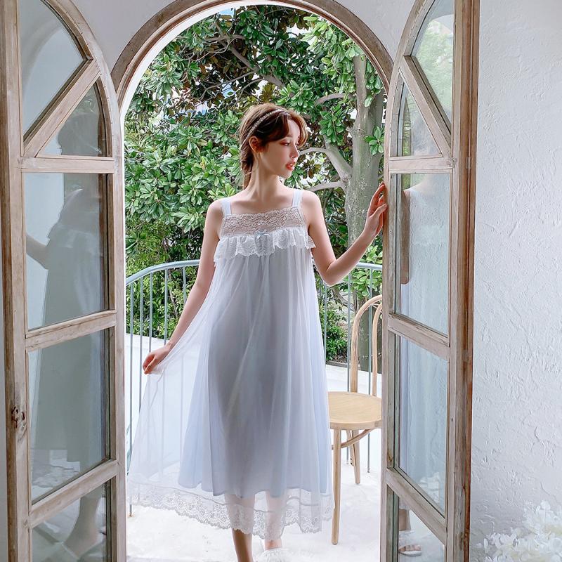 

Fashion square collar Mid-calf length long style vintage nightgown summer sexy spaghetti strap lace nightie for women, Blue