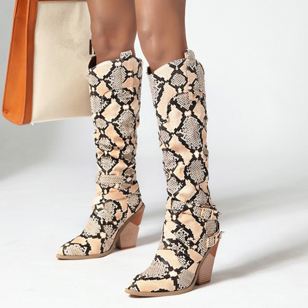 

plus size 33 to 42 to 46 tradingbear printed knee high chunky heel cowboy boots woman designer high heel boots, White;come with box