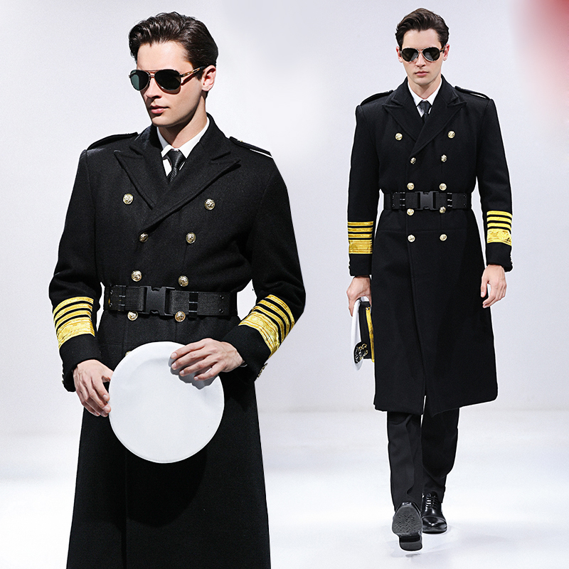 

International Navy Standard Uniform Yacht Ship sea service Captain Clothing Navy Seaman Dinner Costume Suit Men Wollen Trench Coat
