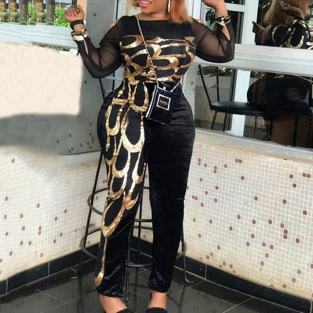 Casual Black Color Block Plus Size Women Sexy Jumpsuit Mesh Long Sleeve African Lady Office Vintage Skinny Long Jumpsuits 2020 T200420