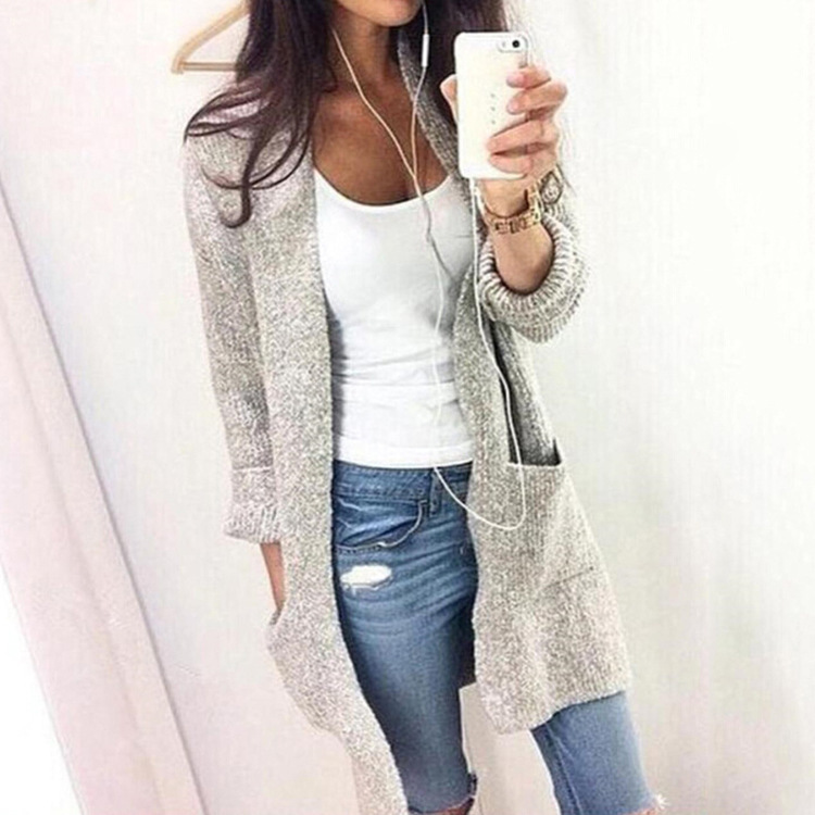 

Women Knitted Long Sleeve Sweater Cardigan Loose Coat Girls Long Section Two Pocket Big Size Overcoat Outwear, Black