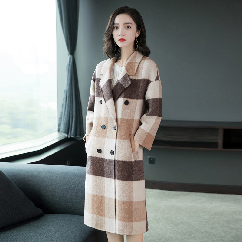 

Wool Blend Jacket Women 2019 Autumn Casual Loose Office Lady Plaid Female Overcoat Turn-down Collar Double Breasted Woolen Coat, Beige