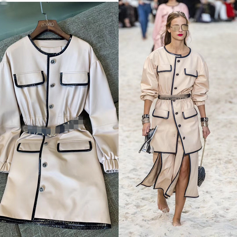 

Hot Sellers Woman Coats Long 100% Natural Sheepskin Leather 2019 Fashion Sheepskin Leather Windbreaker Female Jackets, Beige