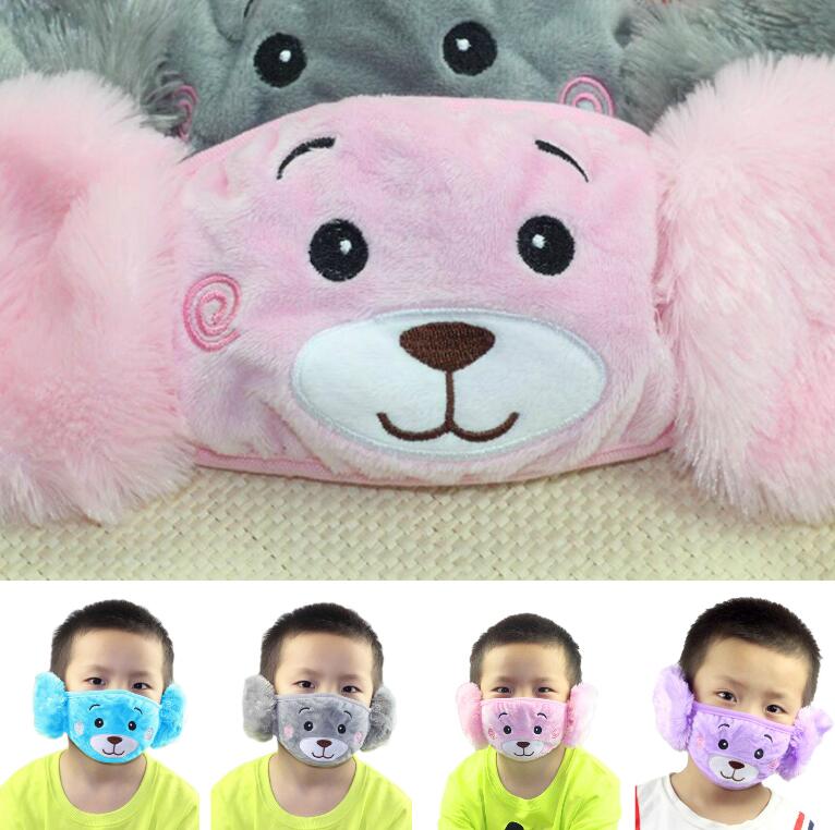 Popular 2 In 1 Ear Protective Bear Face masks Plush Embroidery Children Mouth Mask Anti Dust Face Masks Fit Kids Party Gifts-image-538799468